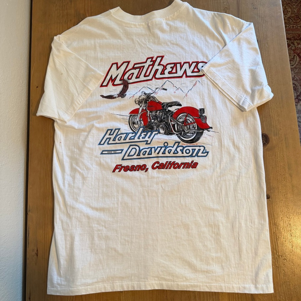 Vintage 1987 Harley Davidson Mathews Fresno CA Shirt XXL Hanes Beefy-T 80s USA